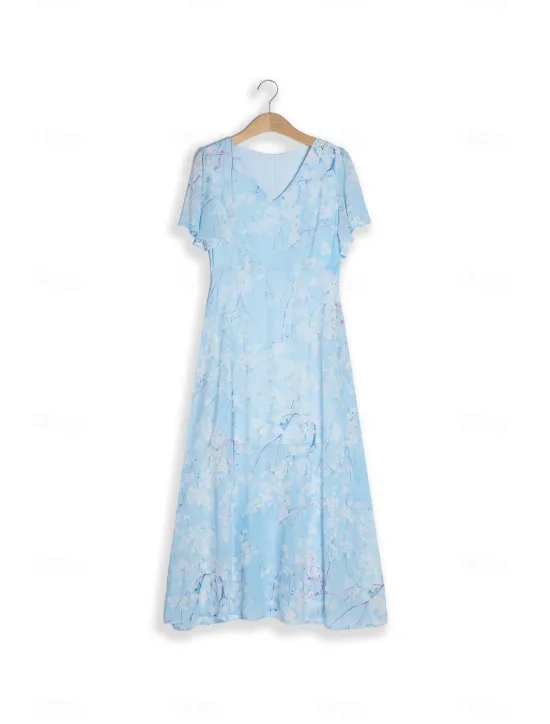New Women's Maxi Dress A Line Dress Elegant Daily Date Regular Fit Floral V Neck Summer Women Chiffon Dresses