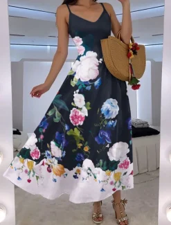 New Women's Maxi Dress A Line Dress Slip Dress Vacation Casual Outdoor Going out Regular Fit Floral Graphic Sleeveless V Neck Summer Women Vacation Dresses|Floral Dresses