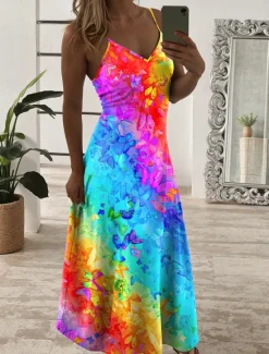 New Women's Maxi Dress A Line Dress Summer Dress Slip Dress Vacation Casual Daily Regular Fit Ombre Graphic Butterfly Sleeveless V Neck Summer Spring Women Casual Dress