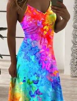 New Women's Maxi Dress A Line Dress Summer Dress Slip Dress Vacation Casual Daily Regular Fit Ombre Graphic Butterfly Sleeveless V Neck Summer Spring Women Casual Dress
