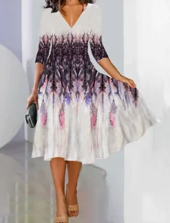 Discount Women's Maxi Dress A Line Dress Semi Formal Office Regular Fit Floral 3/4 Length Sleeve V Neck Black Blue Purple Green Spring Fall Women Work Dresses