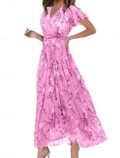 Clearance Women's Maxi Dress A Line Dress Vacation Casual Boho Outdoor Going out Regular Fit Floral Short Sleeve V Neck Purple Fuchsia Orange Gray Summer Women Vacation Dresses