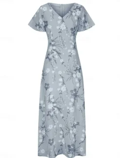 Clearance Women's Maxi Dress A Line Dress Vacation Casual Boho Outdoor Going out Regular Fit Floral Short Sleeve V Neck Purple Fuchsia Orange Gray Summer Women Vacation Dresses