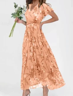 Clearance Women's Maxi Dress A Line Dress Vacation Casual Boho Outdoor Going out Regular Fit Floral Short Sleeve V Neck Purple Fuchsia Orange Gray Summer Women Vacation Dresses