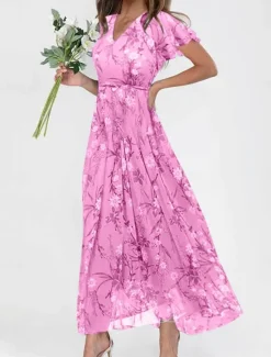 Clearance Women's Maxi Dress A Line Dress Vacation Casual Boho Outdoor Going out Regular Fit Floral Short Sleeve V Neck Purple Fuchsia Orange Gray Summer Women Vacation Dresses