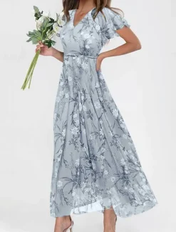 Clearance Women's Maxi Dress A Line Dress Vacation Casual Boho Outdoor Going out Regular Fit Floral Short Sleeve V Neck Purple Fuchsia Orange Gray Summer Women Vacation Dresses
