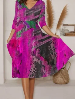 Clearance Women's Maxi Dress A Line Dress Summer Dress Vacation Casual Daily Regular Fit Graphic Abstract Long Sleeve V Neck Blue Purple Orange Summer Women Casual Dress