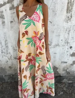 New Women's Maxi Dress A Line Dress Slip Dress Vacation Casual Boho Outdoor Going out Regular Fit Floral Sleeveless V Neck Blue Apricot Beige Summer Women Sundresses