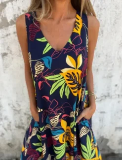 New Women's Maxi Dress A Line Dress Slip Dress Vacation Casual Boho Outdoor Going out Regular Fit Floral Sleeveless V Neck Blue Apricot Beige Summer Women Sundresses