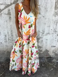 New Women's Maxi Dress A Line Dress Slip Dress Vacation Casual Boho Outdoor Going out Regular Fit Floral Sleeveless V Neck Blue Apricot Beige Summer Women Sundresses