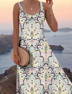 Clearance Women's Maxi Dress A Line Dress Off The Shoulder Dress Vacation Casual Beach Party Regular Fit Floral Graphic Paisley Sleeveless Square Neck Summer Spring Women Floral Dresses