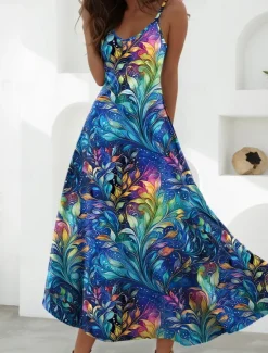 Clearance Women's Maxi Dress A Line Dress Slip Dress Vacation Casual Boho Party Going out Regular Fit Floral Graphic Sleeveless V Neck Blue Purple Brown Beige Summer Spring Women Vacation Dresses
