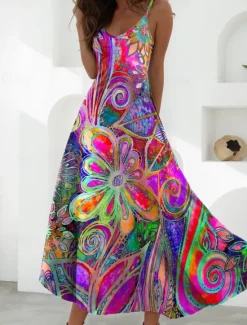Clearance Women's Maxi Dress A Line Dress Slip Dress Vacation Casual Boho Party Going out Regular Fit Floral Graphic Sleeveless V Neck Blue Purple Brown Beige Summer Spring Women Vacation Dresses
