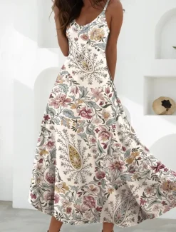 Clearance Women's Maxi Dress A Line Dress Slip Dress Vacation Casual Boho Party Going out Regular Fit Floral Graphic Sleeveless V Neck Blue Purple Brown Beige Summer Spring Women Vacation Dresses