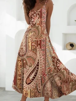 Clearance Women's Maxi Dress A Line Dress Slip Dress Vacation Casual Boho Party Going out Regular Fit Floral Graphic Sleeveless V Neck Blue Purple Brown Beige Summer Spring Women Vacation Dresses
