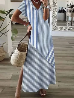 Discount Women's Maxi Dress A Line Dress Summer Dress Vacation Casual Daily Regular Fit Graphic Striped Short Sleeve V Neck Pink Blue Gray Summer Women Casual Dress|Vacation Dresses