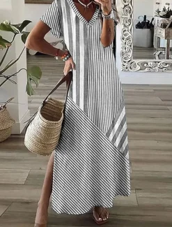 Discount Women's Maxi Dress A Line Dress Summer Dress Vacation Casual Daily Regular Fit Graphic Striped Short Sleeve V Neck Pink Blue Gray Summer Women Casual Dress|Vacation Dresses