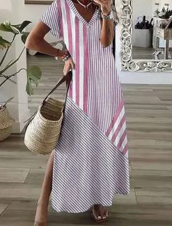 Discount Women's Maxi Dress A Line Dress Summer Dress Vacation Casual Daily Regular Fit Graphic Striped Short Sleeve V Neck Pink Blue Gray Summer Women Casual Dress|Vacation Dresses