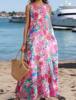 Clearance Women's Maxi Dress A Line Dress Summer Dress Boho Daily Holiday Regular Fit Graphic Color Block Sleeveless Crew Neck Pink Red Green Summer Women Floral Dresses
