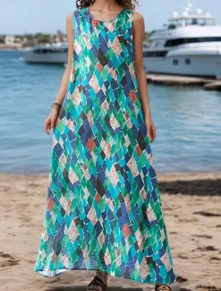 Clearance Women's Maxi Dress A Line Dress Summer Dress Boho Daily Holiday Regular Fit Graphic Color Block Sleeveless Crew Neck Pink Red Green Summer Women Floral Dresses