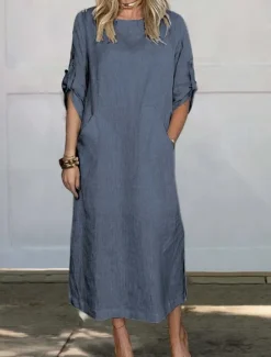 New Women's Maxi Dress A Line Dress Summer Dress Linen Casual Daily Regular Fit Graphic Plain 3/4 Length Sleeve Crew Neck Black White Red Blue Summer Women Shirts
