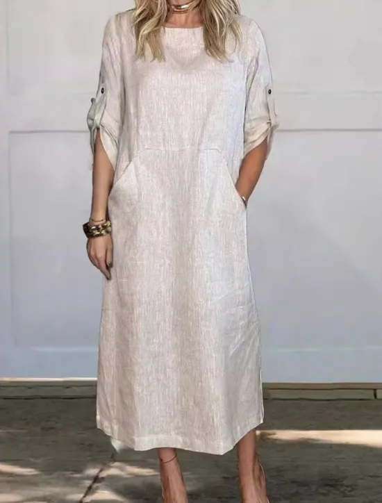 New Women's Maxi Dress A Line Dress Summer Dress Linen Casual Daily Regular Fit Graphic Plain 3/4 Length Sleeve Crew Neck Black White Red Blue Summer Women Shirts
