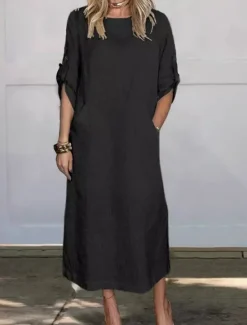 New Women's Maxi Dress A Line Dress Summer Dress Linen Casual Daily Regular Fit Graphic Plain 3/4 Length Sleeve Crew Neck Black White Red Blue Summer Women Shirts