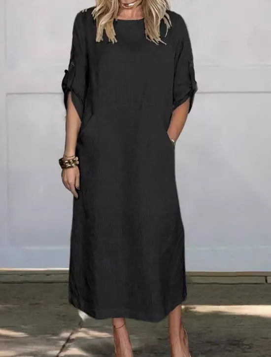 New Women's Maxi Dress A Line Dress Summer Dress Linen Casual Daily Regular Fit Graphic Plain 3/4 Length Sleeve Crew Neck Black White Red Blue Summer Women Shirts