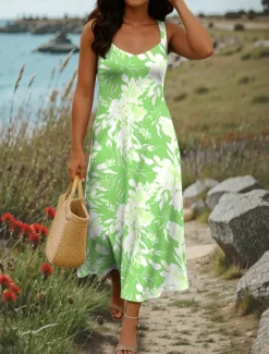 Sale Women's Maxi Dress A Line Dress Summer Dress Off The Shoulder Dress Vacation Casual Party Date Regular Fit Floral Graphic Sleeveless Square Neck Yellow Blue Purple Green Summer Spring Women Sundresses|Casual Dress