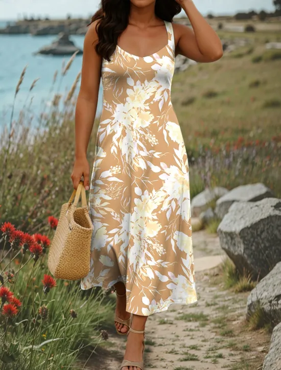Sale Women's Maxi Dress A Line Dress Summer Dress Off The Shoulder Dress Vacation Casual Party Date Regular Fit Floral Graphic Sleeveless Square Neck Yellow Blue Purple Green Summer Spring Women Sundresses|Casual Dress
