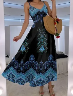 Women's Maxi Dress A Line Dress Slip Dress Vacation Casual Boho Going out Beach Regular Fit Floral Graphic Paisley Sleeveless V Neck Black Red Blue Purple Summer Spring Women Vacation Dresses