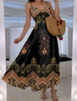 Women's Maxi Dress A Line Dress Slip Dress Vacation Casual Boho Going out Beach Regular Fit Floral Graphic Paisley Sleeveless V Neck Black Red Blue Purple Summer Spring Women Vacation Dresses