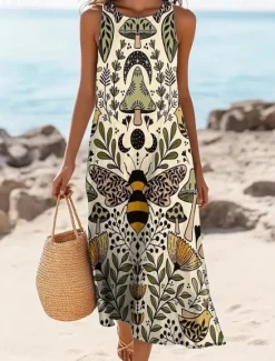 Women's Maxi Dress A Line Dress Off The Shoulder Dress Vacation Casual Boho Going out Standard Fit Floral Graphic Sleeveless U Neck Light Yellow Blue Summer Spring Women Vacation Dresses|Floral Dresses