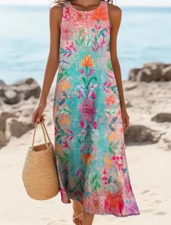 Women's Maxi Dress A Line Dress Off The Shoulder Dress Vacation Casual Boho Going out Standard Fit Floral Graphic Sleeveless U Neck Light Yellow Blue Summer Spring Women Vacation Dresses|Floral Dresses