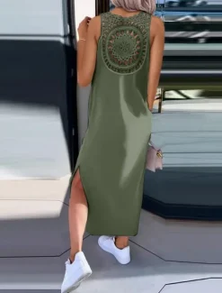 New Women's Maxi Dress A Line Dress Solid Color Tank Dress Summer Dress Basic Casual Vacation Daily Regular Fit Graphic Sleeveless Crew Neck Black White Army Green Dark Gray Summer Women Sundresses
