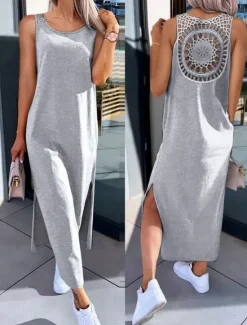 New Women's Maxi Dress A Line Dress Solid Color Tank Dress Summer Dress Basic Casual Vacation Daily Regular Fit Graphic Sleeveless Crew Neck Black White Army Green Dark Gray Summer Women Sundresses