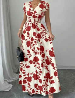 Best Women's Maxi Dress A Line Dress Vacation Casual Boho Outdoor Going out Standard Fit Floral Short Sleeve V Neck Black Red Blue Orange Summer Women Vacation Dresses|Sundresses