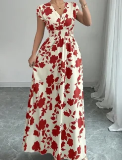 Best Women's Maxi Dress A Line Dress Vacation Casual Boho Outdoor Going out Standard Fit Floral Short Sleeve V Neck Black Red Blue Orange Summer Women Vacation Dresses|Sundresses