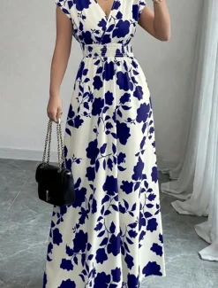 Best Women's Maxi Dress A Line Dress Vacation Casual Boho Outdoor Going out Standard Fit Floral Short Sleeve V Neck Black Red Blue Orange Summer Women Vacation Dresses|Sundresses