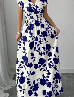 Best Women's Maxi Dress A Line Dress Vacation Casual Boho Outdoor Going out Standard Fit Floral Short Sleeve V Neck Black Red Blue Orange Summer Women Vacation Dresses|Sundresses