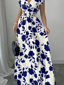 Best Women's Maxi Dress A Line Dress Vacation Casual Boho Outdoor Going out Standard Fit Floral Short Sleeve V Neck Black Red Blue Orange Summer Women Vacation Dresses|Sundresses