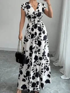 Best Women's Maxi Dress A Line Dress Vacation Casual Boho Outdoor Going out Standard Fit Floral Short Sleeve V Neck Black Red Blue Orange Summer Women Vacation Dresses|Sundresses