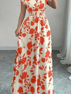 Best Women's Maxi Dress A Line Dress Vacation Casual Boho Outdoor Going out Standard Fit Floral Short Sleeve V Neck Black Red Blue Orange Summer Women Vacation Dresses|Sundresses