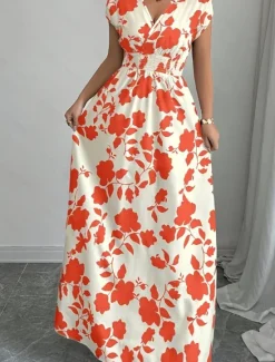 Best Women's Maxi Dress A Line Dress Vacation Casual Boho Outdoor Going out Standard Fit Floral Short Sleeve V Neck Black Red Blue Orange Summer Women Vacation Dresses|Sundresses