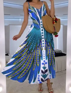 Hot Women's Maxi Dress A Line Dress Slip Dress Vacation Casual Boho Going out Beach Regular Fit Floral Graphic Feather Sleeveless V Neck Blue Orange Green Rose Pink Summer Spring Women Vacation Dresses|Floral Dresses