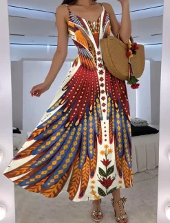 Hot Women's Maxi Dress A Line Dress Slip Dress Vacation Casual Boho Going out Beach Regular Fit Floral Graphic Feather Sleeveless V Neck Blue Orange Green Rose Pink Summer Spring Women Vacation Dresses|Floral Dresses