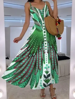 Hot Women's Maxi Dress A Line Dress Slip Dress Vacation Casual Boho Going out Beach Regular Fit Floral Graphic Feather Sleeveless V Neck Blue Orange Green Rose Pink Summer Spring Women Vacation Dresses|Floral Dresses