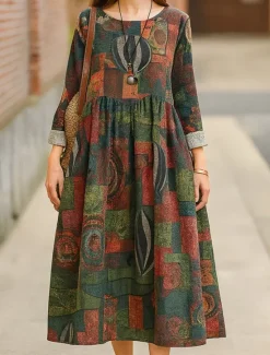 Women's Maxi Dress A Line Dress Casual Daily Regular Fit Floral Long Sleeve Crew Neck Navy Red Dark Green Brown Summer Fall Women Dresses