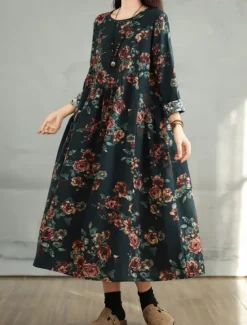 Women's Maxi Dress A Line Dress Casual Daily Regular Fit Floral Long Sleeve Crew Neck Navy Red Dark Green Brown Summer Fall Women Dresses