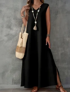 Online Women's Maxi Dress A Line Dress Summer Dress Casual Daily Regular Fit Plain Sleeveless V Neck Black White Light Purple Green Summer Women Sundresses|Casual Dress